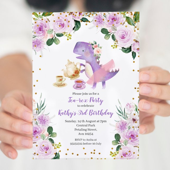 Invitación Morado Floral Tea Fiesta Dinosaurio Tercer cumplea (Subido por el creador)