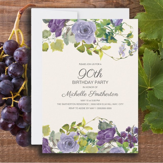 Invitación Morado Floral Verde deja 90 cumpleaños (Purple floral and vines 90th birthday party invitation)