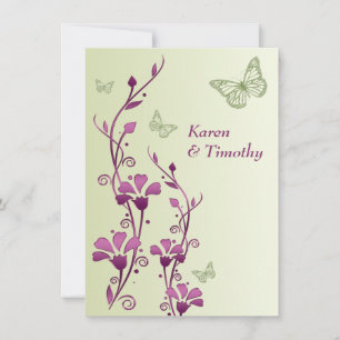 Invitación Morado, floral verde, mariposas invitan a la boda