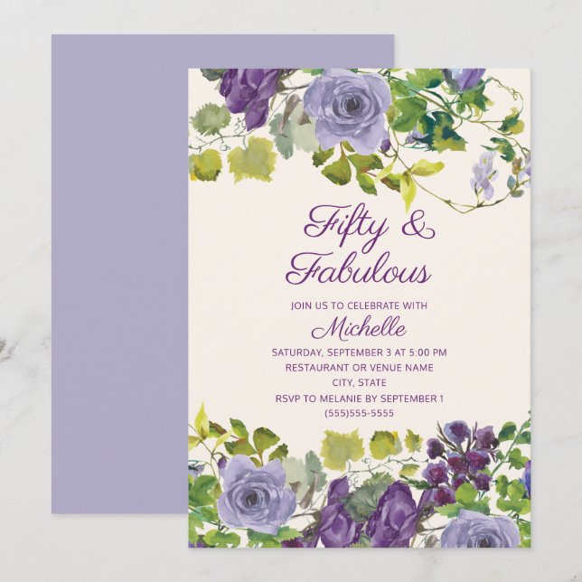 Invitación Morado Floral Verdes hojas 50 fabuloso cumpleaños (Anverso / Reverso)