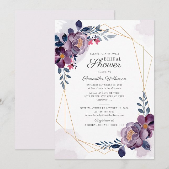 Invitación Morado Floral Watercolor Geométrico Brillante (Anverso / Reverso)