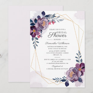 Invitación Morado Floral Watercolor Geométrico Brillante