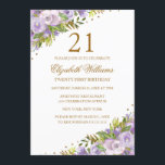 Invitación Morado Floral Watercolor Gold 21º cumpleaños<br><div class="desc">Invitaciones florales más elegantes en la Pequeña Tienda Bayleigh!</div>