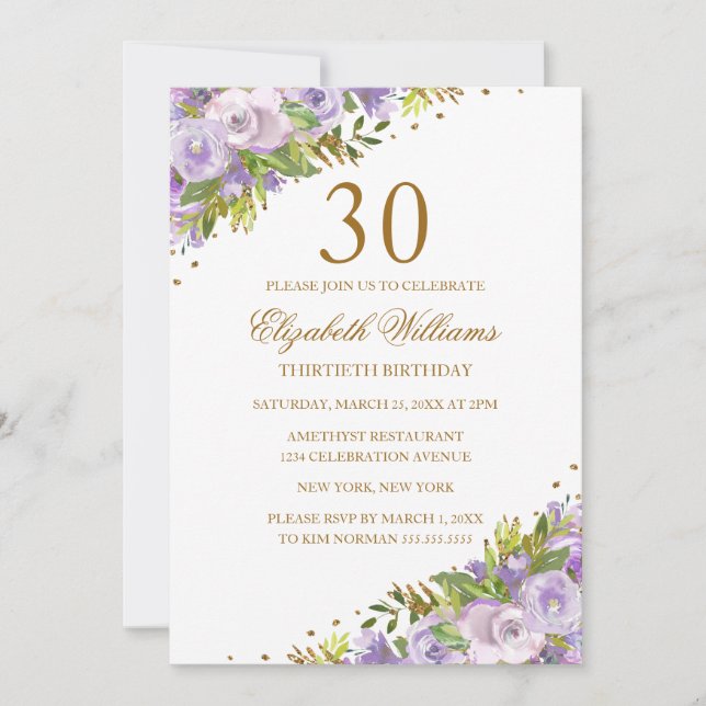 Invitación Morado Floral Watercolor Gold 30 cumpleaños (Anverso)