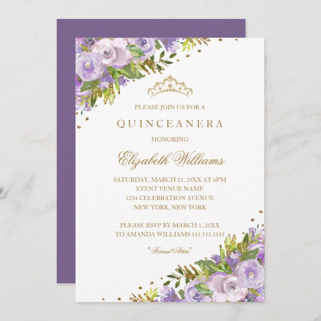 Invitación Morado Floral Watercolor Oro Quinceanera (Anverso / Reverso)