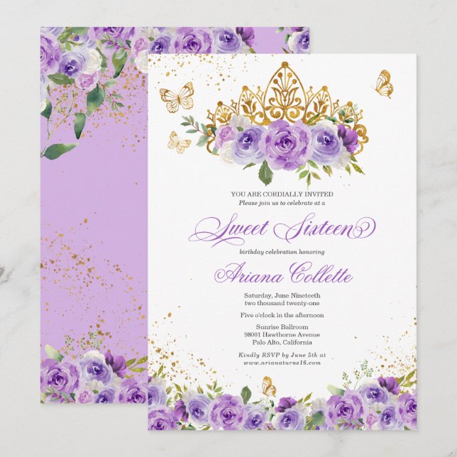Invitación Morado Floral y mariposa dulce 16 cumpleaños (Anverso / Reverso)