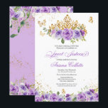 Invitación Morado Floral y mariposa dulce 16 cumpleaños<br><div class="desc">Dulce Dieciséis invitaciones en tonos lila y lavanda de púrpura con mariposas doradas y una hermosa tiara. Visita tienda para ver más variaciones incluyendo chicas en batas con diferentes tonos de piel y combinaciones de colores. También una versión Quinceanera de este diseño.</div>