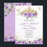 Invitación Morado Floral y mariposa dulce 16 cumpleaños<br><div class="desc">Dulce Dieciséis invitaciones en tonos lila y lavanda de púrpura con mariposas doradas y una hermosa tiara. Visita tienda para ver más variaciones incluyendo chicas en batas con diferentes tonos de piel y combinaciones de colores. También una versión Quinceanera de este diseño.</div>