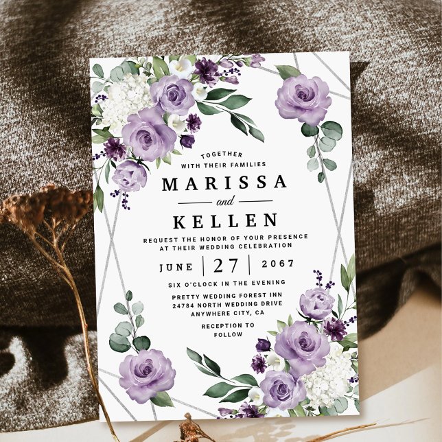 Invitación Morado Floral y plata matrimonio geométrico elegan (Subido por el creador)