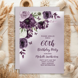 Invitación Morado Flores Blancas Mariposas 60 cumpleaños