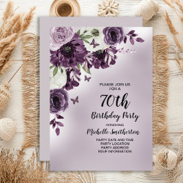 Invitación Morado Flores Blancas Mariposas 70 cumpleaños