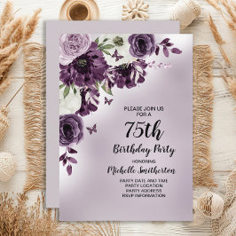 Invitación Morado Flores Blancas Mariposas 75º cumpleaños