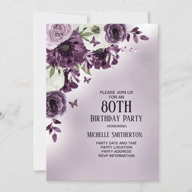 Invitación Morado Flores Blancas Mariposas 80 cumpleaños (Anverso)