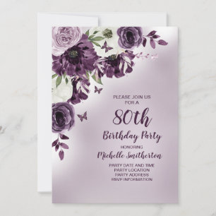 Invitación Morado Flores Blancas Mariposas 80 cumpleaños