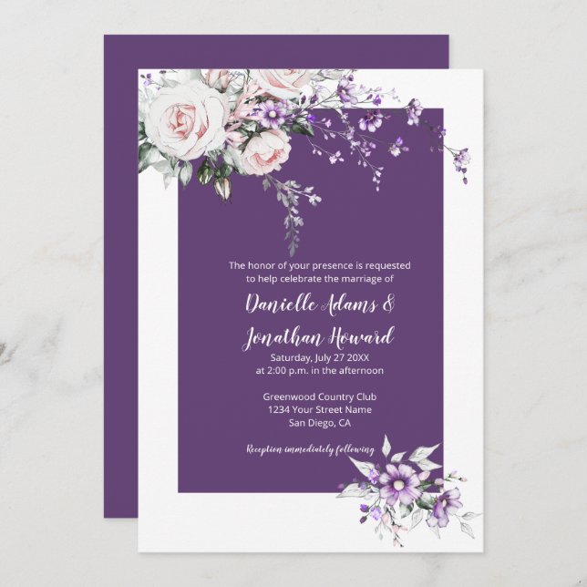 Invitación Morado Flores silvestres Rubor Boda de rosas rosad (Anverso / Reverso)
