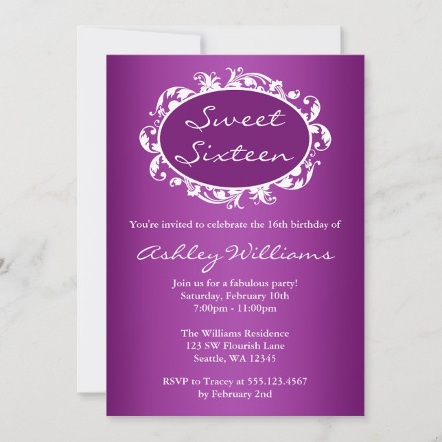 Invitación Morado Flourish Swirl Frame Sweet 16 Cumpleaños (Anverso)