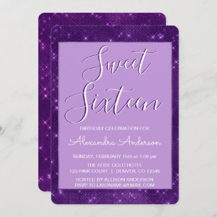 Invitación Morado glimmer y chispa dulce dieciséis cumpleaños