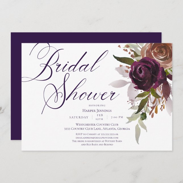 Invitación Morado Gold Watercolor Floral Bridal Shower (Anverso / Reverso)