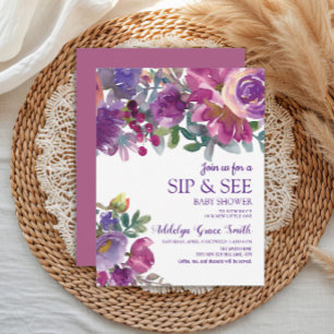 Invitación Morado Gold Watercolor Floral Sip Véase Baby Showe