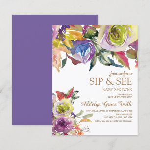 Invitación Morado Gold Watercolor Floral Sip Véase Baby Showe