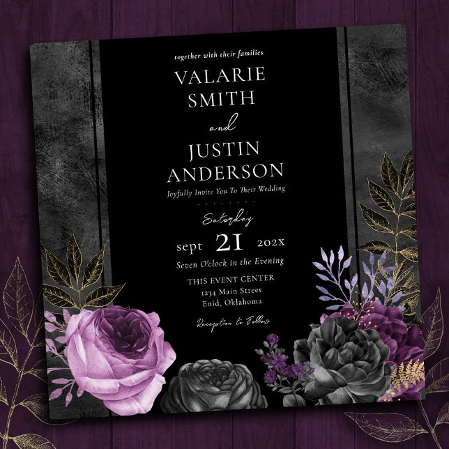 Invitación Morado gótico y Boda floral negro todo en uno (Subido por el creador)