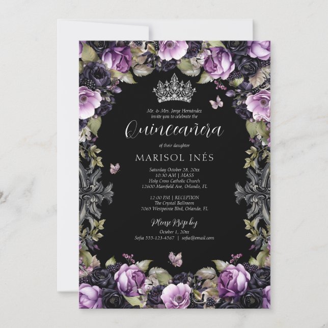 Invitación Morado gótico y Moody Florals Quinceañera (Anverso)