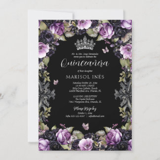 Invitación Morado gótico y Moody Florals Quinceañera