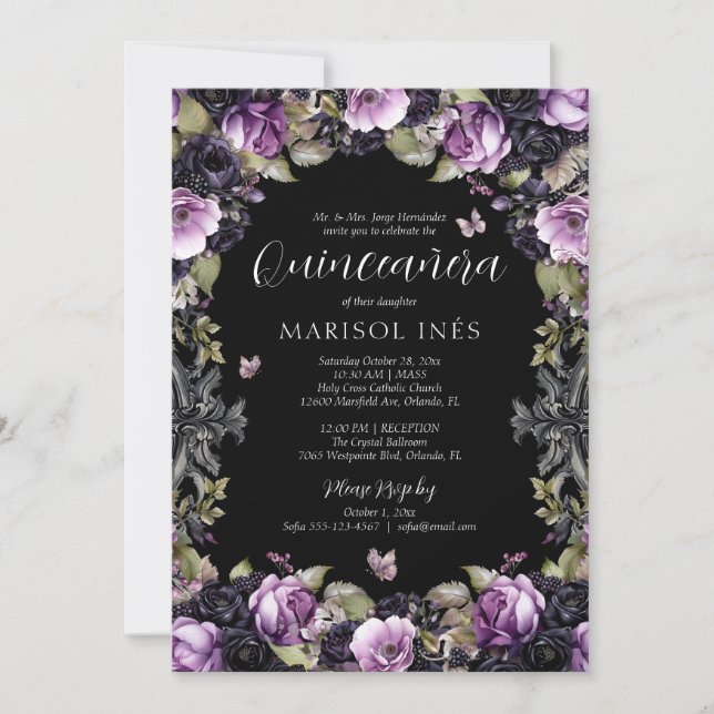 Invitación Morado gótico y Moody Florals Quinceañera (Anverso)
