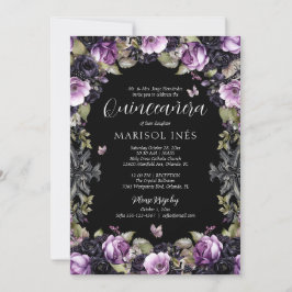 Invitación Morado gótico y Moody Florals Quinceañera