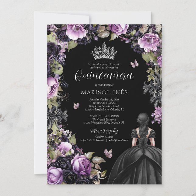 Invitación Morado gótico y Moody Florals Quinceañera (Anverso)