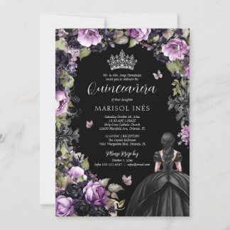 Invitación Morado gótico y Moody Florals Quinceañera
