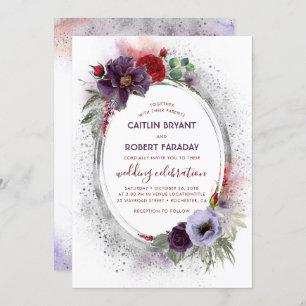 Invitación Morado Gris Plata Agua Peony Fall Wedding