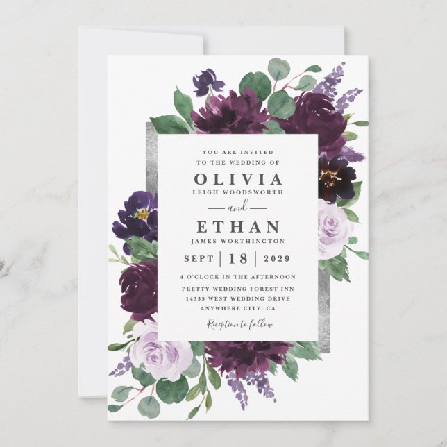 Invitación Morado Gris Plata Agua Peony Fall Wedding (Anverso)