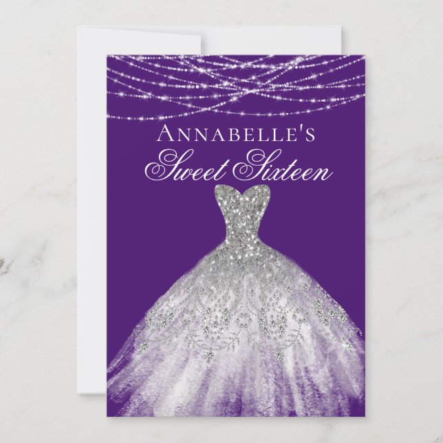 Invitación Morado grisáceo con vestido de diamante dulce 16 (Anverso)