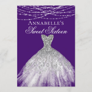 Invitación Morado grisáceo con vestido de diamante dulce 16