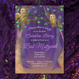 Invitación Morado, hojas verdes, búhos invitan a Mitzvah