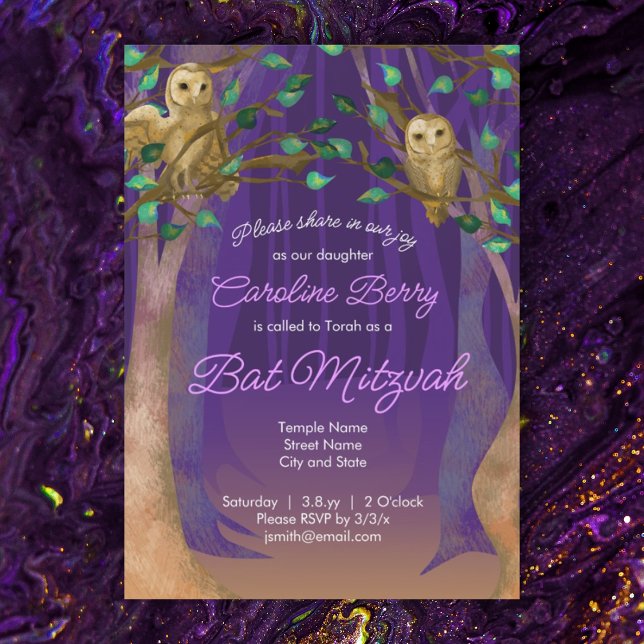Invitación Morado, hojas verdes, búhos invitan a Mitzvah (purple bat mitzvah invitation owls magical forest trees green leaves)