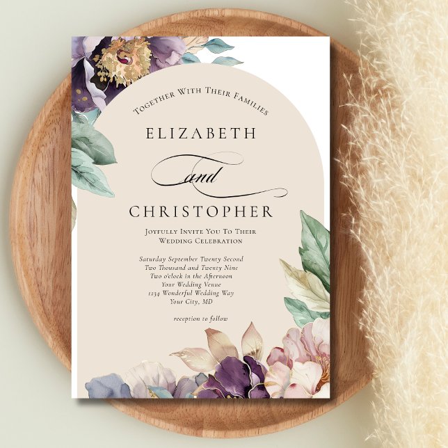 Invitación Morado Lavanda Acuarela Floral Elegante Boda (Purple Mauve Floral Watercolor Botanical Greenery Elegant Modern Wedding Invitation)