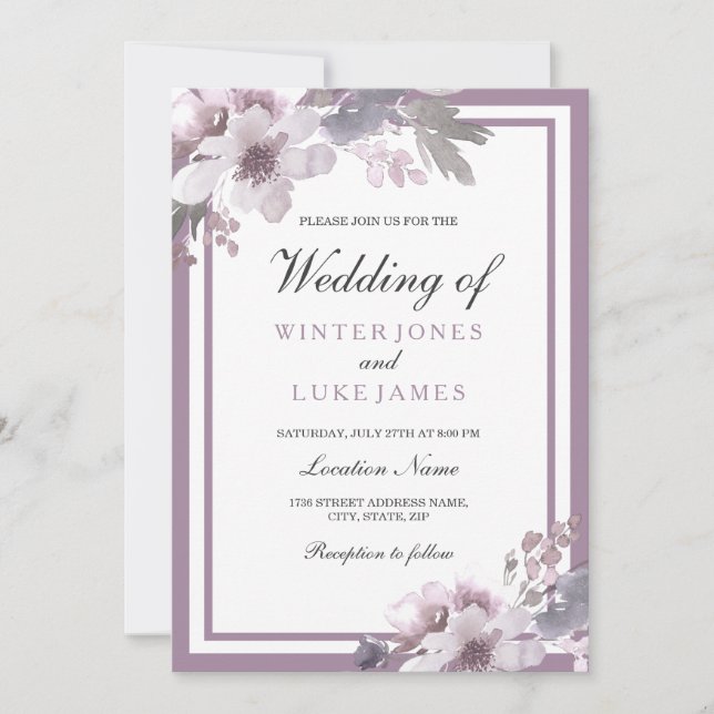 Invitación Morado Lavanda Floral acuarela Elegante Boda (Anverso)