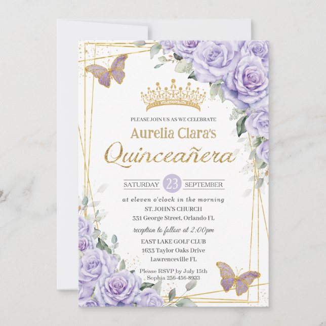 Invitación Morado Lavanda Floral Mariposa Oro Quinceanera (Anverso)
