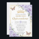 Invitación Morado Lavanda Floral Mariposa Oro Quinceanera<br><div class="desc">Esta invitación a la moda de Quinceañera presenta un marco geométrico de purpurina dorado adornado con delicados lavanda de color morado floral, suave vegetación y mariposas moradas y doradas. Personalízalo con tus detalles de forma fácil y rápida, simplemente pulsa el botón personalizar it para reorganizar y formatear el estilo y...</div>