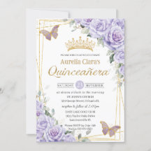 Morado Lavanda Floral Mariposa Oro Quinceanera