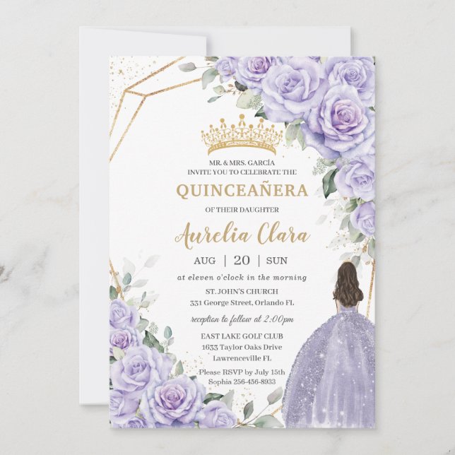 Invitación Morado Lavanda Floral Princesa Oro Quinceañera (Anverso)