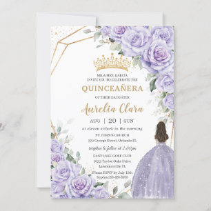 Invitación Morado Lavanda Floral Princesa Oro Quinceañera
