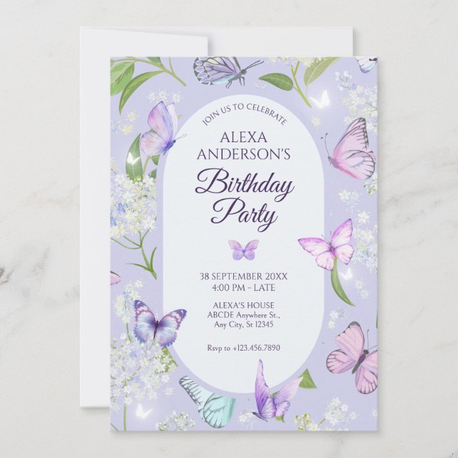 Invitación Morado lavanda mariposa floral Cumpleaños (Anverso)