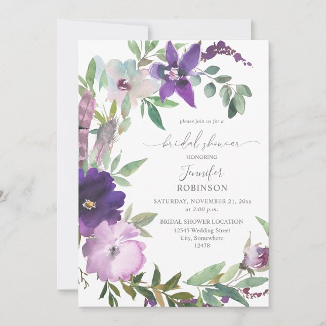 Invitación Morado - Lavanda y ducha violeta de novia floral (Anverso)