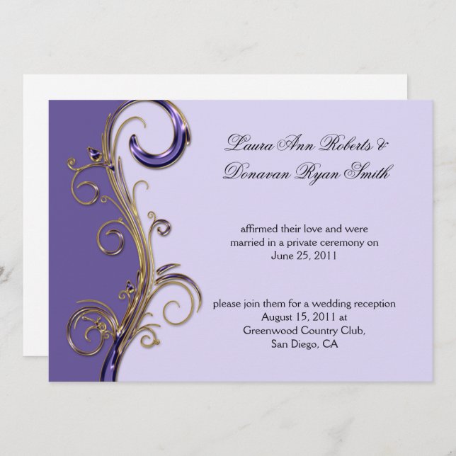 Invitación Morado Lavander Morado y Oro Ornate Swirl (Anverso / Reverso)
