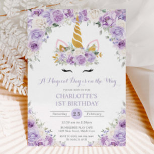 Invitación Morado Lilac Floral Blanca Unicornio 1er cumpleaño