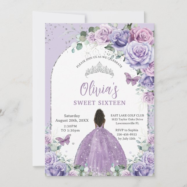 Invitación Morado Lilac Floral Brown Chica Dulce 16 Cumpleaño (Anverso)