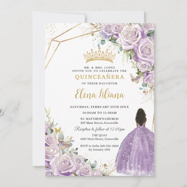 Invitación Morado Lilac Floral Brown Princesa Quinceanera (Anverso)
